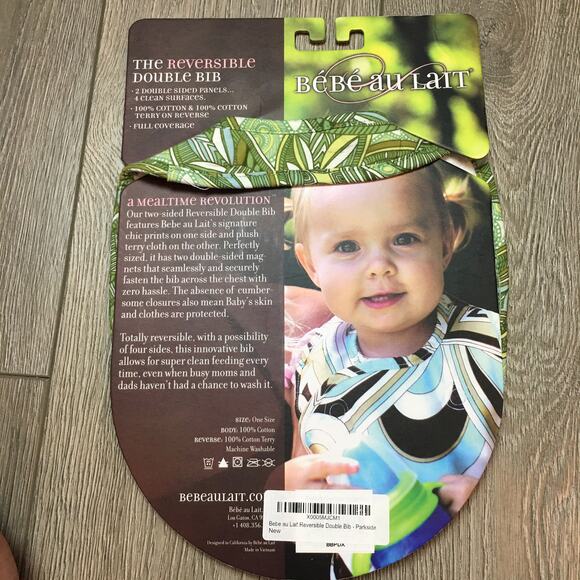 New Bebe Au Lait The Reversible Double Bib Magnetic Paisley Green - Picture 3 of 4